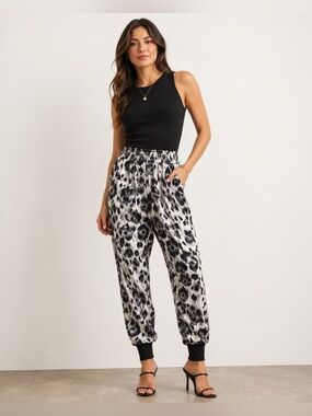 Stella Mccartney Black and White Animal Print Silk Jogger Pants Size 40